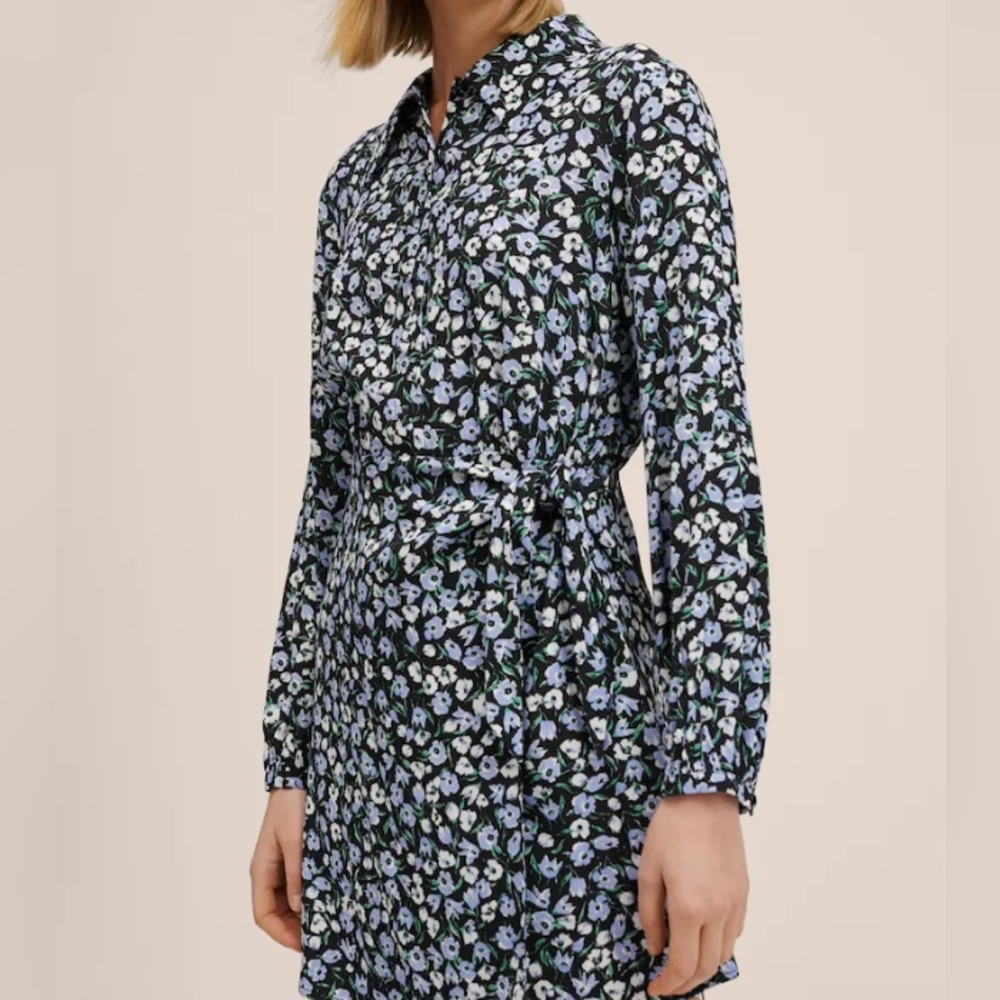 Mango Sz 8 Flower Print Dress Faux Wrap Lilac Black Long Sleeve Front Closure